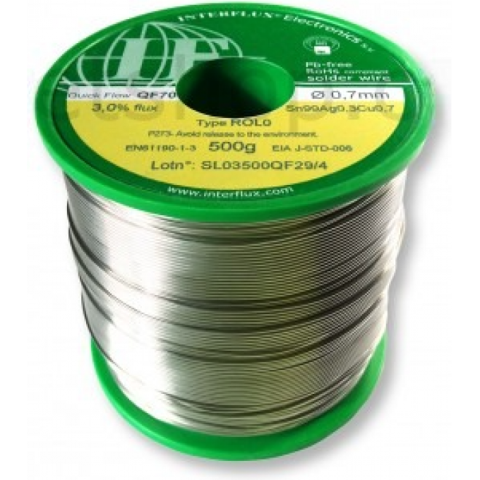 Проволочный припой бессвинцовый INTERFLUX с флюсом 3% Sn99/Ag0.3/Cu0.7 ⌀0.7 мм IFQF30-07SN2